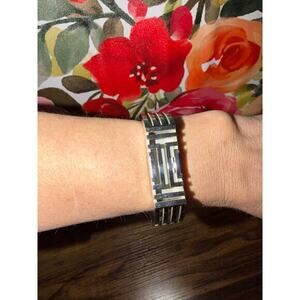 Tory Burch Silver Hinged Cuff Bracelet Logo Cutout Bangle